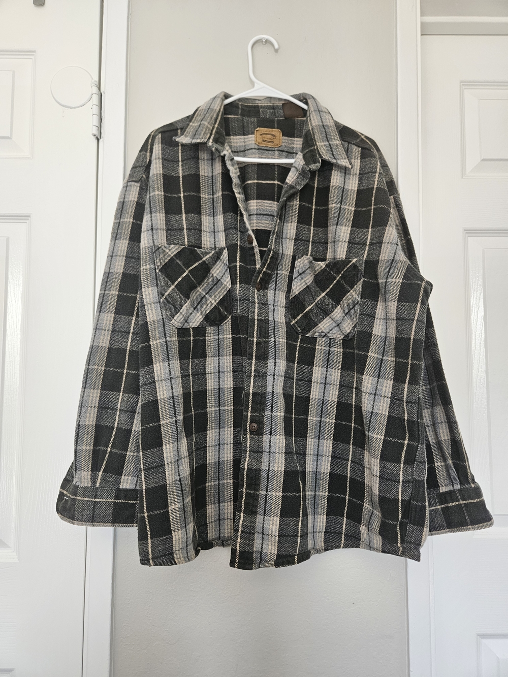 Mens Vintage St John Bay Black & Gray Plaid Button-Up Jacket Shirt 2XL